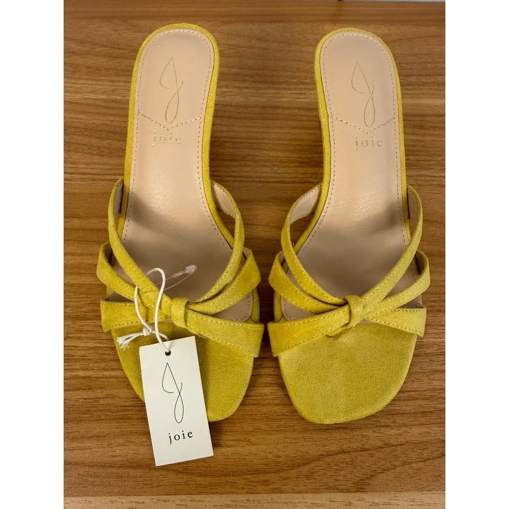Joie Chartreuse Suede Bow Heeled Sandals Strappy Square Toe Kitten Heel Size 7.5